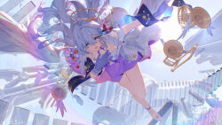 Rule 34 | 1girl, :d, absurdres, ankle ribbon, aqua eyes, artist name, blue shawl, bouquet, bracelet, commentary request, dress, falling feathers, feathered wings, feathers, flower, french horn, full body, gloves, grey hair, hair between eyes, halo, hanayabaka, head wings, highres, honkai: star rail, honkai (series), instrument, jewelry, leg ribbon, long hair, looking at viewer, open mouth, orange flower, pearl bracelet, pink flower, purple dress, purple gloves, purple ribbon, red flower, ribbon, robin (honkai: star rail), shawl, smile, socks, solo, stairs, trumpet, two-tone dress, white dress, white flower, white socks, wings