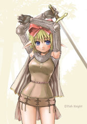 Rule 34 | 1girl, armor, arms up, asanagi, blonde hair, blue eyes, blush, bow, breastplate, breasts, brown cape, cape, chainmail, character name, closed mouth, commentary request, cowboy shot, cross, gauntlets, hair bow, holding, holding sword, holding weapon, knight (ragnarok online), looking at viewer, medium breasts, pauldrons, pointy ears, ragnarok online, red bow, short hair, shoulder armor, smile, solo, sword, weapon