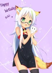 Rule 34 | 1girl, :d, absurdres, ahoge, animal, animal ears, bare shoulders, black-framed eyewear, black dress, black thighhighs, blush, cat, character name, china dress, chinese clothes, commentary request, copyright request, dress, fang, fingernails, fox ears, fox girl, fox tail, green eyes, green hair, happy birthday, heart, highres, holding, holding animal, holding cat, long hair, looking at viewer, multicolored hair, open mouth, semi-rimless eyewear, silver hair, sleeveless, sleeveless dress, smile, solo, streaked hair, tail, thighhighs, under-rim eyewear, very long hair, xiaosamiao