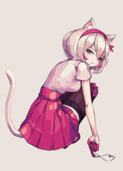 Rule 34 | 1girl, :&lt;, animal ear fluff, animal ears, back, blonde hair, blouse, breasts, brown eyes, cat ears, colored tips, finger writing, frown, full body, gloves, grey background, hair between eyes, hairband, half gloves, heterochromia, knees to chest, looking at viewer, looking back, makaroll, medium breasts, multicolored hair, original, scowl, shirt, short hair, simple background, sitting, skirt, solo, squatting, tail, thighhighs, white shirt