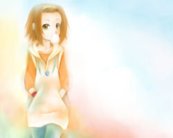 Rule 34 | 00s, 1girl, brown eyes, brown hair, blowing bubbles, chewing gum, cla, female focus, gradient background, hairband, hands in pockets, hood, hoodie, k-on!, looking at viewer, short hair, solo, tainaka ritsu, tomboy