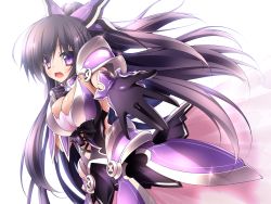 Rule 34 | 10s, 1girl, armor, armored dress, bad id, bad pixiv id, breasts, cleavage, d:, date a live, gloves, highres, large breasts, midoriiro no shinzou, open mouth, outstretched hand, purple eyes, purple hair, solo, yatogami tooka