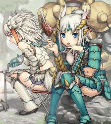 Rule 34 | 2girls, :p, armor, barioth (armor), blue eyes, boned meat, capcom, chair, cooking, food, meat, midriff, monster hunter (series), monster hunter portable 3rd, multiple girls, red eyes, sitting, stool, tanaka shoutarou, tongue, tongue out, uragaan (armor), white hair, zinogre (armor)