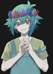 Rule 34 | 1boy, absurdres, basil (headspace) (omori), basil (omori), black background, blue overalls, collarbone, crying, crying with eyes open, flower, green hair, green shirt, head wreath, highres, looking at viewer, mohuku94, omori, overalls, red eyes, shirt, short hair, short sleeves, solo, tears, upper body