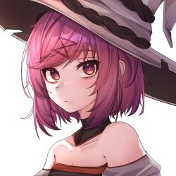 Rule 34 | 1girl, alternate costume, bare shoulders, black dress, black hat, bob cut, breasts, bright pupils, cleavage, close-up, collarbone, commentary request, commission, detached collar, doki doki literature club, dress, expressionless, eyelashes, grey dress, grey hat, hair ornament, hat, highres, himalay39535136, korean commentary, light blush, looking at viewer, natsuki (doki doki literature club), off-shoulder dress, off shoulder, pink eyes, pink hair, portrait, puffy sleeves, second-party source, short hair, simple background, small breasts, solo, swept bangs, torn clothes, torn hat, two-tone dress, two-tone headwear, white background, witch, witch hat, x hair ornament