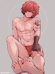 Rule 34 | 1boy, ambush (trap), arm tattoo, bandage gloves, bandaged hand, bandages, black bandages, bulge, bulge through clothing, fate/grand order, fate (series), feet, feet together, femboy, fundoshi, fuuma kotarou (fate), gloves, hair over one eye, half-closed eye, hand on knee, japanese clothes, kamenakake, looking at viewer, male focus, muscular, muscular male, nipples, parted bangs, pectorals, red eyes, red fundoshi, red hair, short hair, shoulder tattoo, simple background, smile, solo, tattoo, toes, toned, toned male, trap, underwear, underwear only