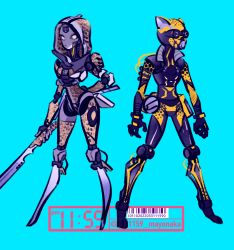 Rule 34 | 1boy, 1girl, android, apex legends, ash (titanfall 2), black gloves, blue background, cable, cheetah print, gloves, goggles, hand on own hip, helmet, highres, holding, holding sword, holding weapon, looking ahead, looking at viewer, mechanical legs, octane (apex legends), official alternate costume, pink eyes, pm11:19, science fiction, simulacrum (titanfall), sword, weapon, wild speed octane