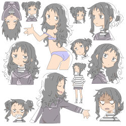 1girl absurdres anger_vein angry ass black_hair black_sailor_collar black_serafuku bra constricted_pupils double_bun flat_color hair_bun highres jitome long_sleeves looking_back masikakuma messy_hair original panties purple_bra purple_panties sailor_collar school_uniform serafuku sharp_teeth shirt simple_background skirt solo standing strap_slip striped_clothes striped_shirt teeth underwear upside-down v-shaped_eyebrows white_background