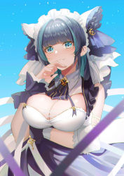 Rule 34 | 1girl, :3, arm under breasts, azur lane, bare shoulders, black hair, black ribbon, blue background, blue eyes, blue hair, blunt bangs, blush, breasts, cheshire (azur lane), cleavage, closed mouth, cowboy shot, crescent, detached sleeves, dhfz181, fang, fang out, finger to face, highres, large breasts, long hair, maid, maid headdress, multicolored hair, neck ribbon, ribbon, short sleeves, simple background, smile, solo, two-tone hair, wrist cuffs