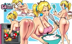 Rule 34 | 1girl, apron, ass, blue eyes, breasts, cake, cleavage, closed eyes, cooking, cream, crown, earrings, food, gloves, highres, jewelry, large breasts, looking back, mario (series), naked apron, nintendo, oven, ponytail, princess peach, sasa tseng, sideboob, underboob