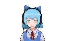 Rule 34 | 1girl, bags under eyes, blue bow, blue eyes, blue hair, blue skirt, bow, cable, cirno, commentary, empty eyes, english commentary, frown, hair bow, headphones, headset, highres, jitome, looking at viewer, microphone, neck ribbon, nvi2762, portrait, red ribbon, ribbon, shirt, short hair, skirt, solo, straight-on, suspender skirt, suspenders, tired, touhou, transparent background, white shirt