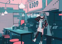 Rule 34 | 1girl, absurdres, bar stool, black jacket, black pantyhose, black scarf, black sleeves, blue eyes, blue hair, cash register, closed mouth, commentary, dress, earpiece, expressionless, full body, hair ornament, hand in pocket, hand on headphones, hatsune miku, highres, indoors, jacket, limited palette, lobelia (saclia), long hair, long sleeves, looking at viewer, miku day, neckerchief, open clothes, open jacket, pantyhose, pink headphones, restaurant, scarf, shoes, short dress, sleeves past wrists, sneakers, solo, stool, symbol-only commentary, twintails, very long hair, vocaloid, white dress, white footwear, white neckerchief