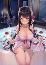 Rule 34 | 1girl, ayul (ayulneri 92), azur lane, babydoll, bare shoulders, bath, bathtub, black hair, breasts, brown eyes, candle, candlestand, cleavage, closed mouth, collarbone, commentary request, cup, drink, drinking glass, flower, glint, halterneck, hiei (azur lane), hiei (moonlit cruise) (azur lane), highres, holding, holding cup, horns, indoors, large breasts, long hair, long sleeves, looking at viewer, mirror, navel, night, panties, petals, petals on liquid, pillow, red flower, rose, sitting, smile, solo, stomach, thighs, underwear, very long hair, water, white panties, window, wine glass