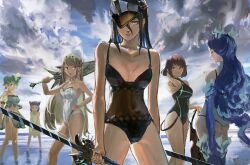 Rule 34 | 6+girls, aegis sword (xenoblade), animal ears, bare legs, beach, bikini, black hair, blonde hair, blue fire, blue hair, breasts, brighid (water lily) (xenoblade), brighid (xenoblade), cat ears, chest jewel, cloud, cloudy sky, core crystal (xenoblade), covered navel, dress, dual wielding, fiery hair, fire, glasses, green hair, grey hair, hat over one eye, highres, holding, holding sword, holding weapon, leaning forward, looking at viewer, looking back, medium breasts, morag ladair (obligatory leave) (xenoblade), morag ladair (xenoblade), multiple girls, mythra (radiant beach) (xenoblade), mythra (xenoblade), nia (fancy sundress) (xenoblade), nia (xenoblade), official alternate costume, one-piece swimsuit, over shoulder, pandoria (beach date) (xenoblade), pandoria (xenoblade), pito (pitosan), pointy ears, pyra (pro swimmer) (xenoblade), pyra (xenoblade), red hair, sky, small breasts, smile, standing, strapless, strapless one-piece swimsuit, sundress, swimsuit, sword, weapon, weapon over shoulder, xenoblade chronicles (series), xenoblade chronicles 2