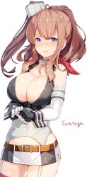 Rule 34 | 1girl, ahoge, anchor, areola slip, bare shoulders, belt, blue eyes, blush, breasts, brown hair, character name, cleavage, closed mouth, collarbone, commentary request, cosplay, covered navel, cowboy shot, elbow gloves, eyebrows, flying sweatdrops, front-tie top, garter straps, gloves, highres, iowa (kancolle), iowa (kancolle) (cosplay), jpeg artifacts, kantai collection, large breasts, long hair, looking at viewer, meth (emethmeth), microskirt, navel, neckerchief, own hands together, ponytail, red neckerchief, saratoga (kancolle), shiny skin, side ponytail, sidelocks, signature, simple background, skindentation, skirt, smile, solo, striped, thighhighs, upper body, vertical stripes, white background, wrist cuffs
