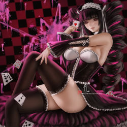 Rule 34 | 1girl, ace (playing card), ace of hearts, bare shoulders, black dress, black hair, black nails, black thighhighs, blunt bangs, breasts, card, celestia ludenberg, checkered background, cleavage, commission, crossed legs, danganronpa: trigger happy havoc, danganronpa (series), detached sleeves, dress, feet out of frame, fingernails, frilled dress, frilled sleeves, frilled thighhighs, frills, hairband, heart, holding, holding card, knee up, large breasts, lolita fashion, lolita hairband, long fingernails, long sleeves, multicolored hair, nail polish, parted lips, pink hair, pink lips, playing card, red eyes, sitting, smile, solo, strapless, strapless dress, thighhighs, two-tone hair, wei (promise 0820)