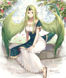Rule 34 | 1girl, black nails, closed mouth, dress, feet, fire emblem, fire emblem echoes: shadows of valentia, grass, green hair, hair wings, haru (nakajou-28), highres, horns, jewelry, long hair, mila (fire emblem), nail polish, nintendo, pointy ears, sandals, single horn, sitting, solo, tail, twitter username