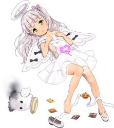 Rule 34 | 1girl, angel wings, fake halo, fake wings, full body, halloween costume, halo, jiji (aardvark), kantai collection, lying, maestrale (kancolle), official art, on back, transparent background, wings