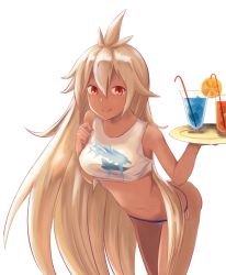 Rule 34 | 1girl, ahoge, bikini, bikini bottom only, breasts, cup, dark-skinned female, dark skin, drinking glass, granblue fantasy, highres, lank (lanclisser), leaning forward, long hair, looking at viewer, medium breasts, midriff, red eyes, shirt, simple background, smile, solo, standing, swimsuit, tied shirt, transparent background, tray, very long hair, white bikini, white hair, zooey (granblue fantasy)
