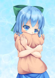 Rule 34 | 1girl, blue background, blue eyes, blue hair, cirno, commentary request, covering own mouth, crossed arms, dress, hair ribbon, hugging object, kirimori toya, looking at viewer, matching hair/eyes, pillow, pillow hug, ribbon, short hair, simple background, solo, touhou, upper body