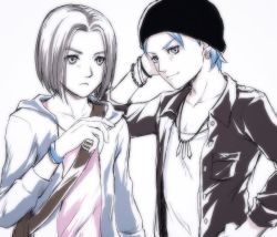 Rule 34 | 2boys, bad id, bad pixiv id, black headwear, black jacket, blue hair, blue jacket, bracelet, camus (dq11), casual, chloe price, chloe price (cosplay), closed mouth, collarbone, commentary request, cosplay, dragon quest, dragon quest xi, earrings, expressionless, hand up, hat, hero (dq11), highres, hood, hood down, hooded jacket, jacket, jewelry, life is strange, limited palette, long sleeves, looking at viewer, male focus, max caulfield, max caulfield (cosplay), mondi hl, multiple boys, necklace, open clothes, open jacket, shirt, short hair, simple background, smile, upper body