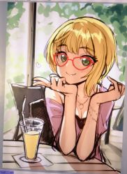 Rule 34 | 10s, 1girl, bad id, bad twitter id, blonde hair, breasts, cafe, cleavage, crying bald eagle, drink, drinking straw, glasses, green eyes, highres, idolmaster, idolmaster cinderella girls, idolmaster cinderella girls starlight stage, jewelry, miyamoto frederica, necklace, off shoulder, omaru gyuunyuu, short hair, smile, solo, tree, v
