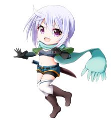 Rule 34 | 1girl, :d, bike shorts, black gloves, black shorts, black sleeves, blue scarf, blue shorts, boots, breasts, brown footwear, capelet, chibi, chris (konosuba), dagger, detached sleeves, floating scarf, fringe trim, full body, gloves, green capelet, hair between eyes, highres, knee boots, knife, kono subarashii sekai ni shukufuku wo!, kuena, long sleeves, looking at viewer, open clothes, open fly, open mouth, open shorts, purple eyes, scarf, sheath, sheathed, short shorts, shorts, shorts under shorts, silver hair, simple background, small breasts, smile, solo, thighhighs, thighhighs under boots, weapon, white background, white thighhighs