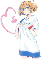 Rule 34 | 1girl, 3h2y3fl, blonde hair, brown hair, cowboy shot, freyja wion, green eyes, hair between eyes, hair ornament, heart, heart hair ornament, macross, macross delta, medium hair, multicolored hair, naked shirt, one side up, open mouth, shirt, short sleeves, solo, standing, two-tone hair, white background, white shirt