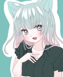 Rule 34 | 1girl, animal ears, aqua hair, cat ears, cat girl, fang, female focus, frilled sleeves, frills, gradient hair, grey eyes, hana shinako, hand on own chest, highres, multicolored hair, open mouth, original, shirt, simple background, smile, solo, torso