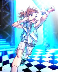 Rule 34 | 10s, 1boy, ;d, alternate costume, belt, bnjgm., brown eyes, brown hair, checkered floor, clenched hand, dog tags, fang, headset, idol, idolmaster, idolmaster side-m, knees, male focus, one eye closed, open mouth, shoes, shorts, sleeveless, smile, sneakers, sparkle, stage, tachibana shiro (idolmaster)