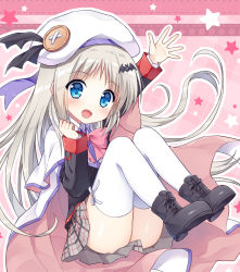 Rule 34 | 1girl, :o, bat hair ornament, blue eyes, boots, cape, cross-laced footwear, fang, hair ornament, hat, lace-up boots, large buttons, little busters!, long hair, mauve, noumi kudryavka, plaid, plaid skirt, school uniform, silver hair, skirt, solo, thighhighs, white thighhighs