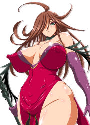 Rule 34 | 1girl, absurdres, ahoge, breasts, brown hair, choker, covered erect nipples, curvy, elbow gloves, female focus, gloves, green eyes, groin, hair over one eye, highres, huge breasts, impossible clothes, long hair, no panties, nyx (queen&#039;s blade), queen&#039;s blade, simple background, solo, staff, standing, white background, wide hips, yukimaru (gojo)