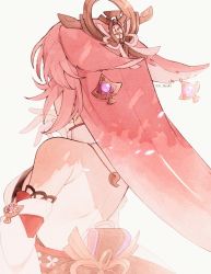 Rule 34 | 1girl, animal ears, commentary, covering own mouth, detached sleeves, earrings, floppy ears, fox ears, from behind, genshin impact, hand over own mouth, highres, japanese clothes, jewelry, long hair, low-tied long hair, magatama, magatama necklace, miko, nears, necklace, pink hair, solo, symbol-only commentary, very long hair, vision (genshin impact), yae miko