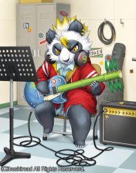 Rule 34 | animal ears, bamboo, cable, cardfight!! vanguard, company name, earrings, furry, guitar, headphones, instrument, jewelry, kemonomichi (blue black), leaf, official art, panda, panda ears, problem child greybelly, sitting, solo, yellow eyes