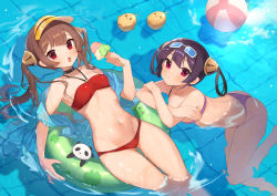 Rule 34 | 2girls, azur lane, ball, bare arms, bare legs, beachball, bikini, breasts, brown hair, choker, closed mouth, floating, gluteal fold, goggles, goggles on head, hair rings, highres, ice cream cone, innertube, looking at viewer, manjuu (azur lane), medium breasts, multiple girls, navel, ning hai (azur lane), ning hai (summer hunger) (azur lane), open mouth, ping hai (azur lane), ping hai (summer vacation) (azur lane), pool, purple bikini, purple hair, red bikini, red eyes, siblings, sidelocks, sisters, small breasts, stomach, swim ring, swimsuit, thigh gap, thighs, twintails, visor cap, yayako (804907150)