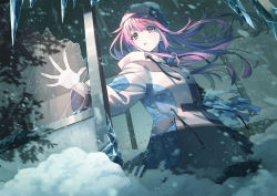 Rule 34 | 1girl, blush, frozen, highres, ice, icicle, jacket, knit hat, koh rd, long hair, long sleeves, looking at viewer, open mouth, original, pale skin, pink eyes, pink hair, snow, solo, standing