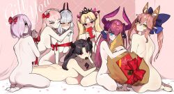 Rule 34 | 6+girls, animal ear fluff, animal ears, ass, asymmetrical horns, back, black hair, blonde hair, blue bow, blue eyes, blush, bow, box, box of chocolates, breasts, candy, carmilla (fate), chocolate, chocolate heart, curled horns, curly hair, dragon girl, dragon horns, elizabeth bathory (fate), elizabeth bathory (fate/extra ccc), ereshkigal (fate), fate/extra, fate/grand order, fate (series), food, fox ears, fox girl, fox tail, gift, gift box, hair between eyes, hair bow, hair over one eye, hair ribbon, heart, highres, horns, hug, hug from behind, ishtar (fate), large breasts, long hair, looking at viewer, looking back, lying on person, mash kyrielight, medb (fate), medium breasts, monkey jon, multiple girls, naked ribbon, nude, one eye closed, parted bangs, pink hair, pointy ears, purple eyes, purple hair, red eyes, ribbon, short hair, sidelocks, small breasts, smile, split ponytail, tail, tamamo (fate), tamamo no mae (fate/extra), thighs, tiara, twintails, two side up, white hair, yellow eyes