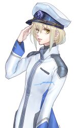 Rule 34 | 1girl, artist name, blonde hair, blue hair, brown eyes, flat chest, from side, hair behind ear, hat, highres, hoshi rei no kantai, jacket, looking at viewer, military, military hat, military uniform, multicolored hair, salute, short hair, solo, streaked hair, uniform, upper body, white background, white jacket, yonemura kouichirou