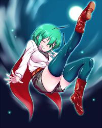 Rule 34 | 1girl, alternate breast size, antennae, blush, boots, breasts, cape, full moon, green eyes, green hair, grin, highres, himamushi nyuudou, matching hair/eyes, medium breasts, moon, night, night sky, one eye closed, outstretched leg, short hair, shorts, skindentation, sky, smile, solo, thighhighs, thighs, touhou, wriggle nightbug