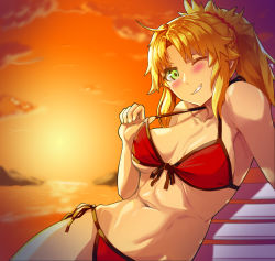 Rule 34 | 1girl, ;), absurdres, ahoge, beach chair, bikini, blonde hair, blush, breasts, cloud, covered erect nipples, fate/grand order, fate (series), ghgnvm, green eyes, groin, halterneck, highres, long hair, medium breasts, mordred (fate), mordred (fate) (all), mordred (fate/apocrypha), mordred (swimsuit rider) (fate), mordred (swimsuit rider) (first ascension) (fate), navel, one eye closed, ponytail, red bikini, red scrunchie, red sky, scrunchie, sky, smile, solo, strap gap, string bikini, suspenders, swimsuit, thighs