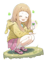 Rule 34 | 1girl, absurdres, animal hood, blunt bangs, blush, brown hair, closed eyes, clover, commentary request, dirty, dirty clothes, dirty face, four-leaf clover, frilled skirt, frills, grass, highres, holding, holding clover, hood, hoodie, ichihara nina, idolmaster, idolmaster cinderella girls, idolmaster cinderella girls u149, long hair, long sleeves, notice lines, open mouth, pink footwear, pink skirt, rabbit hood, rinki oohen, shoes, sidelocks, skirt, smile, sneakers, socks, solo, squatting, sweat, v-shaped eyebrows, white background, white socks, yellow hoodie