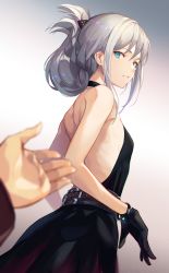 Rule 34 | 1girl, an-94 (girls&#039; frontline), an-94 (silent rouge) (girls&#039; frontline), aqua eyes, backless dress, backless outfit, bare back, bare shoulders, black dress, black gloves, breasts, commentary, dress, earrings, english commentary, evening gown, flat chest, folded ponytail, from behind, girls&#039; frontline, gloves, gradient background, grey background, grey hair, hair ornament, hairclip, halter dress, halterneck, jewelry, long hair, looking at viewer, niac, official alternate costume, parted lips, pov, pov hands, sidelocks, small breasts, solo
