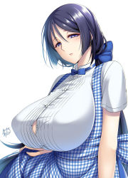 Rule 34 | 1girl, ai-chan (tawawa), ai (himura kiseki) (cosplay), alternate costume, apron, blue bow, blue bowtie, blue skirt, bow, bowtie, breasts, bursting breasts, clothes lift, cosplay, fate/grand order, fate (series), getsuyoubi no tawawa, gingham apron, hair bow, half-closed eyes, highres, huge breasts, kobeya uniform, long hair, looking at viewer, looking to the side, minamoto no raikou (fate), parted lips, plaid, plaid apron, ponytail, purple eyes, purple hair, shirt, short sleeves, signature, simple background, skirt, skirt lift, solo, suzuki nene, underbust, very long hair, white background, white shirt