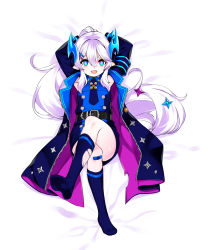 Rule 34 | 1girl, absurdres, arms behind head, bad id, bad pixiv id, bandaid, bandaid on knee, bandaid on leg, bed sheet, blue dress, blue eyes, blue necktie, dress, elsword, fang, from above, hair between eyes, highres, kneehighs, long hair, looking at viewer, luciela r. sourcream, lying, necktie, on back, open mouth, ponytail, shiny skin, short dress, silver hair, sleeveless, sleeveless dress, socks, solo, tama (tamatamo), timoria (elsword), torn clothes, torn legwear, torn socks, very long hair, white background