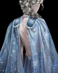 1girl back back_focus backless_dress backless_outfit black_background blonde_hair blue_cape blue_dress braid cape commentary dress elsa_(frozen) english_commentary facing_away from_behind frozen_(disney) hair_over_shoulder highres long_hair print_cape see-through_cape see-through_clothes simple_background single_braid sleeveless sleeveless_dress snowflake_print solo sparkle standing tadpole_art upper_body