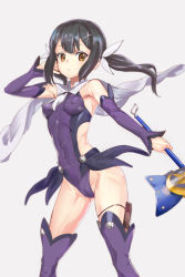 Rule 34 | 1girl, bad id, bad pixiv id, black hair, boots, breasts, brown eyes, cameltoe, cape, covered erect nipples, fate/grand order, fate/kaleid liner prisma illya, fate (series), hair ornament, hair ribbon, hand on own head, highres, holding, kaleidostick, leotard, long hair, looking at viewer, magical girl, magical sapphire, miyu edelfelt, ontaros, purple thighhighs, ribbon, small breasts, solo, staff, thigh strap, thighhighs, white ribbon, x hair ornament