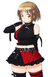 Rule 34 | 10s, 1girl, alternate costume, bare shoulders, belt, black thighhighs, breasts, brown eyes, brown hair, curvy, elbow gloves, flower, gloves, goth fashion, hair flower, hair ornament, idolmaster, idolmaster cinderella girls, large breasts, midriff, mimura kanako, miniskirt, navel, onsoku inu, plump, short hair, skirt, smile, solo, striped clothes, striped thighhighs, tareme, thick thighs, thighhighs, thighs, zipper
