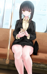 Rule 34 | 1girl, accidental exposure, bag, bench, black hair, black panties, black skirt, black suit, blazer, blunt bangs, blush, breasts, brown eyes, brown hair, business suit, cellphone, closed mouth, collared shirt, commentary request, dress shirt, feet out of frame, formal, gusset, handbag, highres, holding, holding phone, jacket, kouhai-chan (oouso), lapels, large breasts, legs, lingerie, long hair, long sleeves, looking at viewer, medium hair, miniskirt, nail polish, notched lapels, office lady, oouso, original, panties, panties under pantyhose, pantyhose, pantyshot, pencil skirt, phone, pink nails, ponytail, shirt, sidelocks, sitting, skirt, smartphone, solo, suit, text in eyes, thighband pantyhose, thighs, torn clothes, torn pantyhose, train interior, translated, underwear, yellow shirt