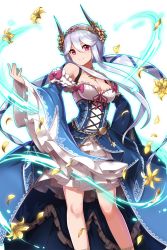 Rule 34 | 1girl, alternate costume, artist request, blue dress, breasts, cleavage, dress, flower, frills, guinevere (soccer spirits), hair ornament, highres, large breasts, long hair, official art, red eyes, soccer spirits, solo, standing, white hair, wide sleeves, yellow flower