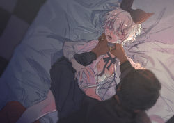 Rule 34 | 1boy, 1girl, absurdres, asphyxiation, bandages, bandaid, bandaids on nipples, bed, blush, bow, breasts, crying, dark-skinned male, dark skin, eyepatch, hair bow, highres, imminent rape, injury, jewelry, necklace, on bed, open clothes, open mouth, open shirt, original, pasties, ribbon, ryona, short hair, tears, trembling, white eyes, white hair, wide-eyed, xueyao 0124